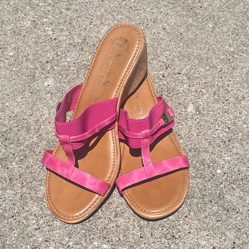 Italian Shoemakers Hot Pink Leather T-Strap Wedge Sandals